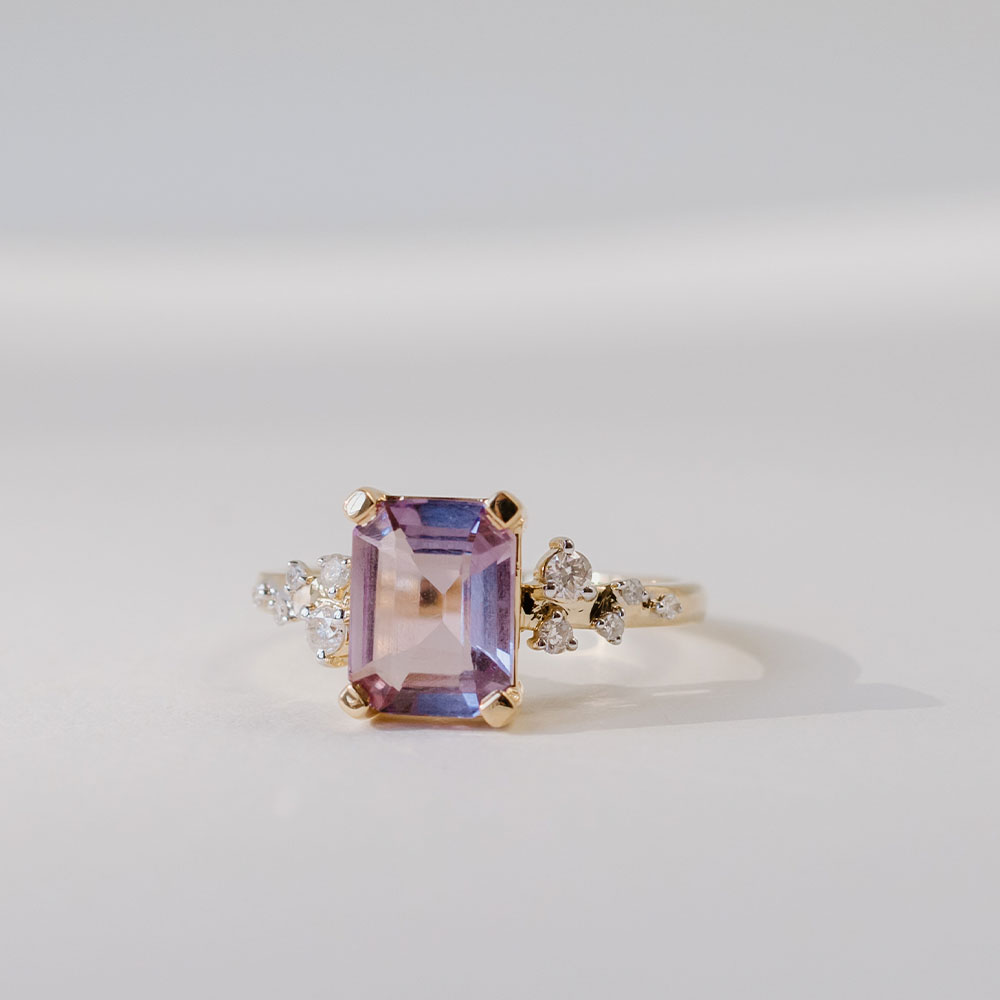 Ring with 9X7MM Emerald Cut Pink Amethyst and .15 Carat TW of Diamonds in 14kt Yellow Gold