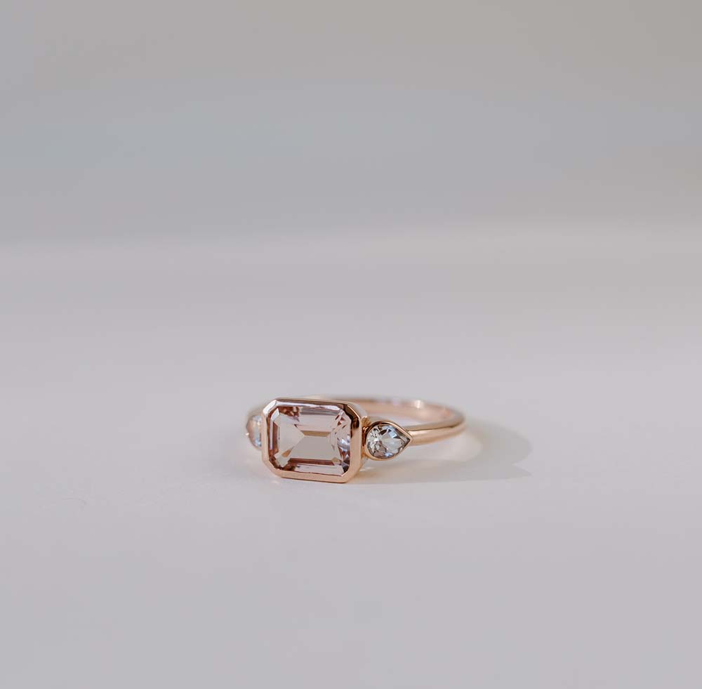 Ring with 8X5MM Emerald Cut Morganite and White Topaz 10kt Rose Gold