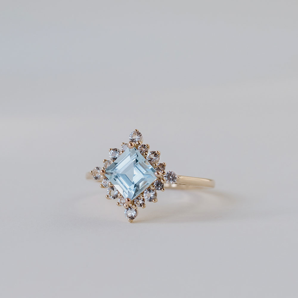 Ring with 6X6MM Princess Cut Aquamarine and White Topaz 10kt Yellow Gold