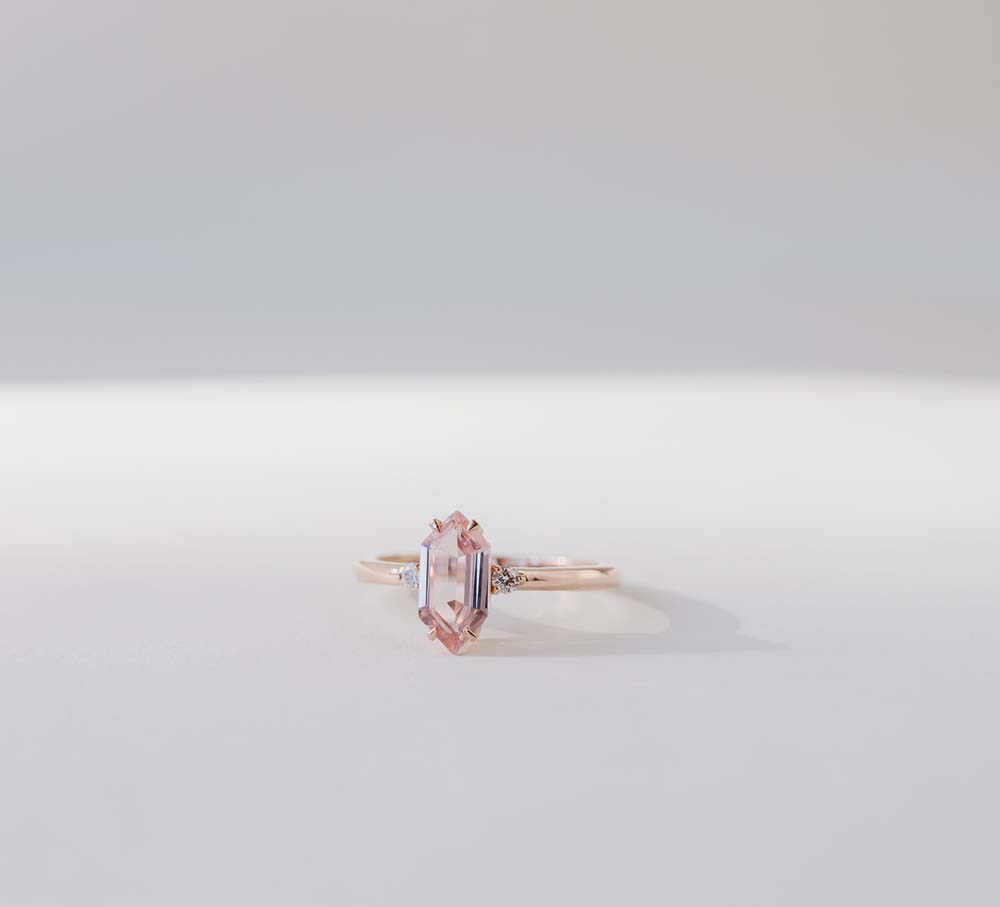 Ring with Elongated Hexagon Morganite and .06 Carat TW of Diamonds 14kt Rose Gold