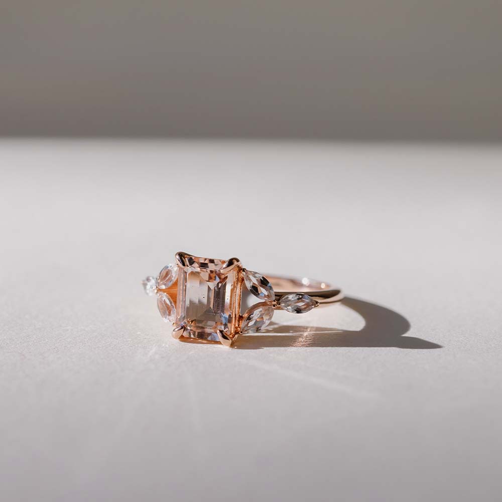 Ring with 8X6MM Emerald Cut Morganite and White Topaz 14kt Rose Gold