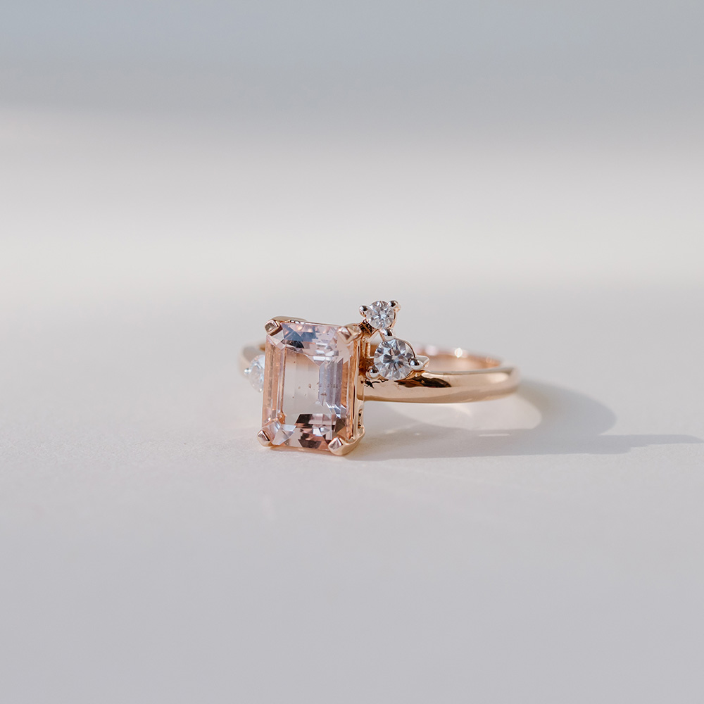 Ring with 8X6MM Emerald Cut Morganite and .15 Carat TW of Diamonds 14kt Rose Gold