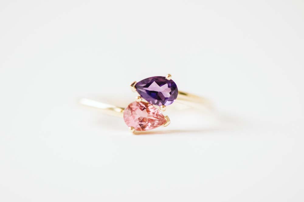 Petite Toi et Moi Ring with 5x3MM Amethyst and Pink Topaz in 14kt Yellow Gold