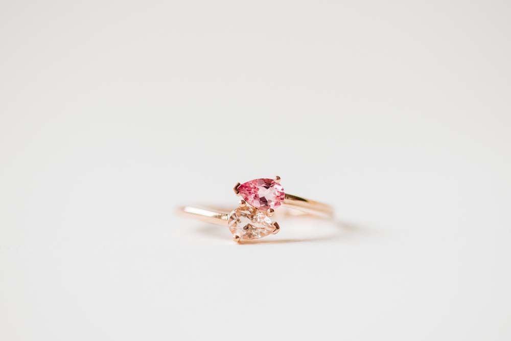 Petite Toi et Moi Ring with 5x3MM Morganite and Pink Topaz in 14kt Rose Gold