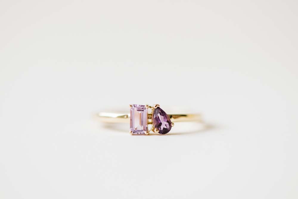 Petite Toi et Moi Ring with 5x3MM Pink Amethyst and Amethyst in 14kt Yellow Gold