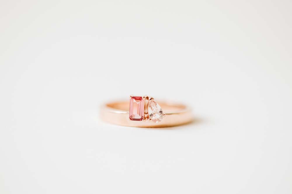 Petite Toi et Moi Ring with 5x3MM Pink Topaz and Morganite in 14kt Rose Gold