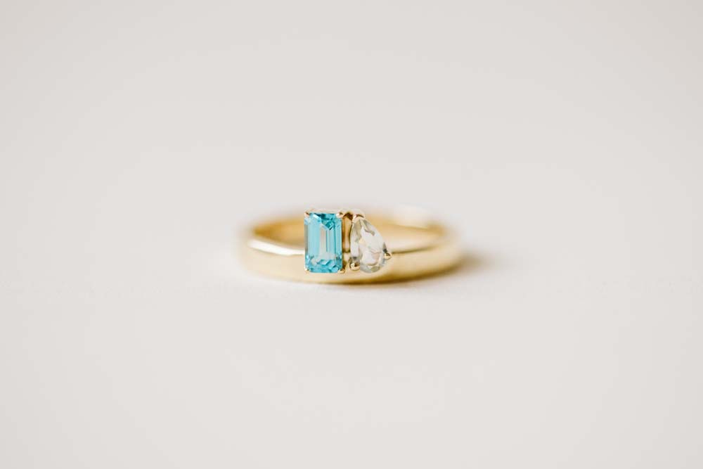 Petite Toi et Moi Ring with 5x3MM Blue Topaz and Green Amethyst in 14kt Yellow Gold