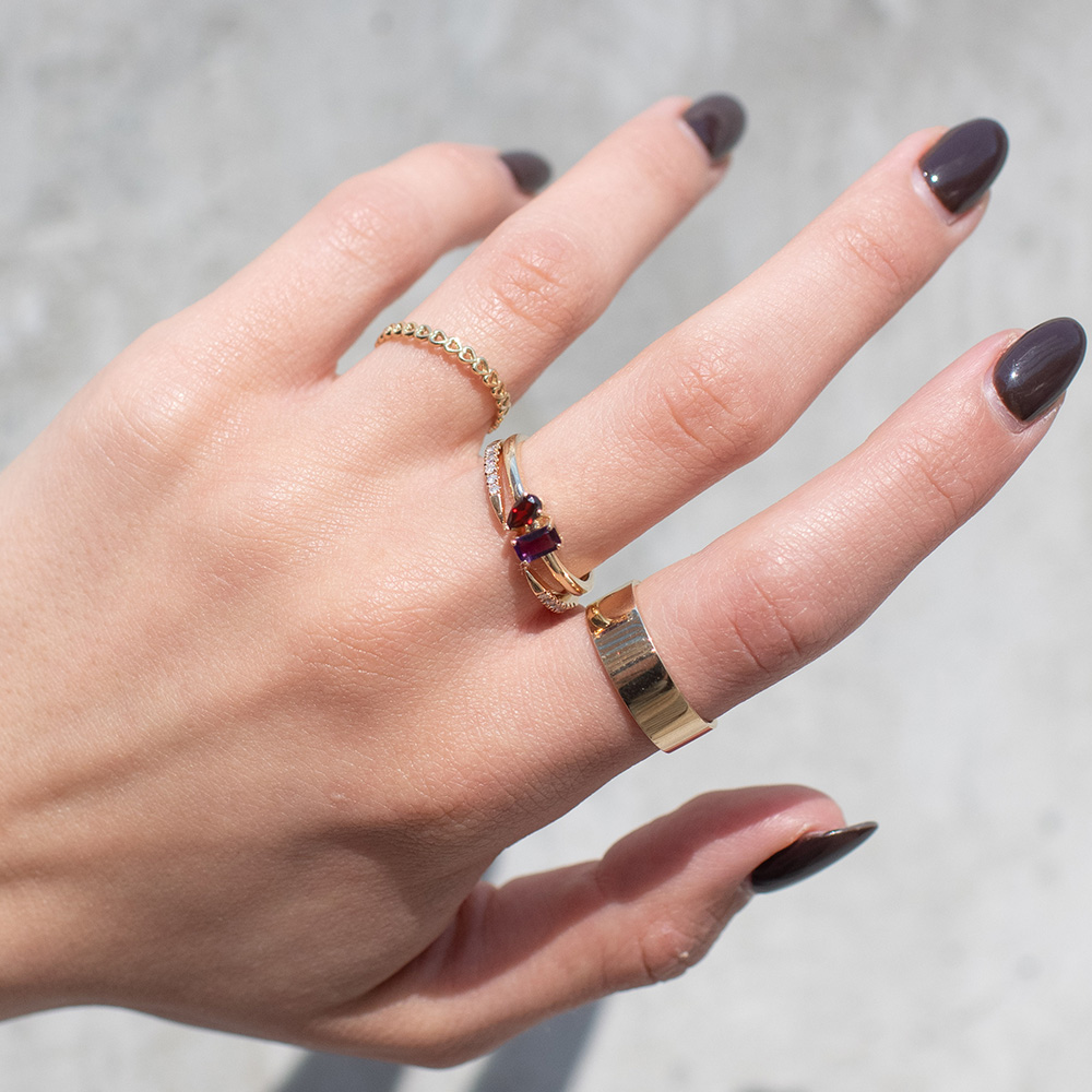 Petite Toi et Moi Ring with 5x3MM Pink Amethyst and Garnet 14kt Yellow Gold