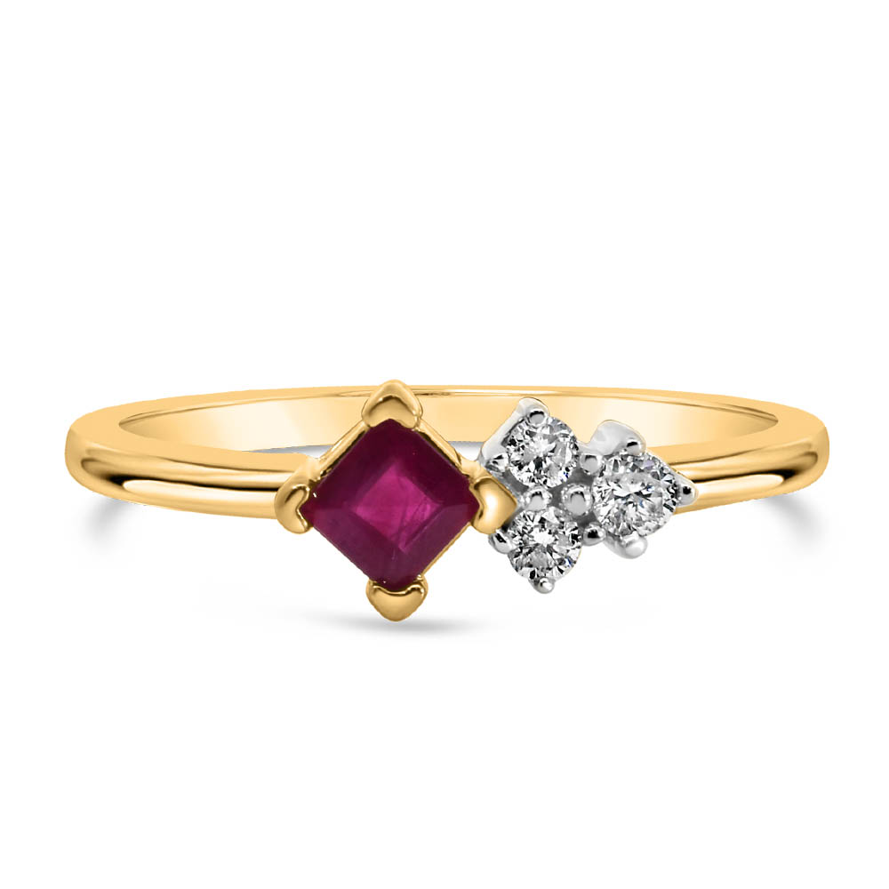 Princess Cut Ruby Ring with .10 carat TW Diamonds 10kt Yellow Gold