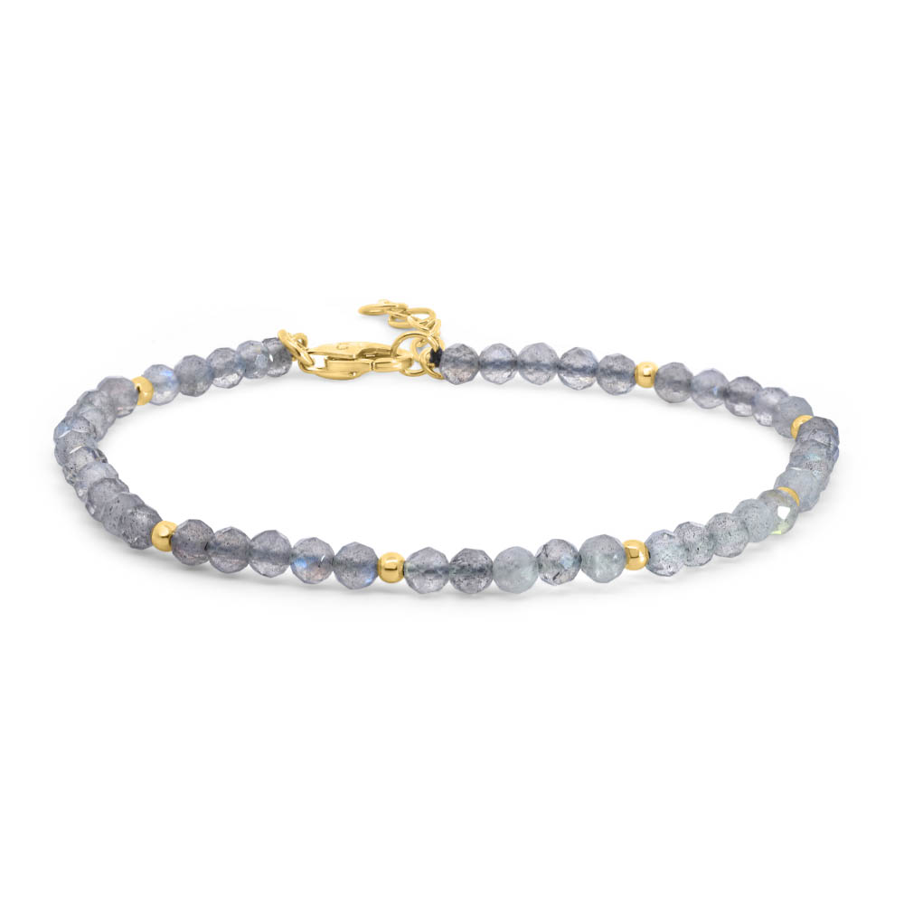 7.5″ 3MM Labradorite Beaded Bracelet Gold Plated Sterling Silver