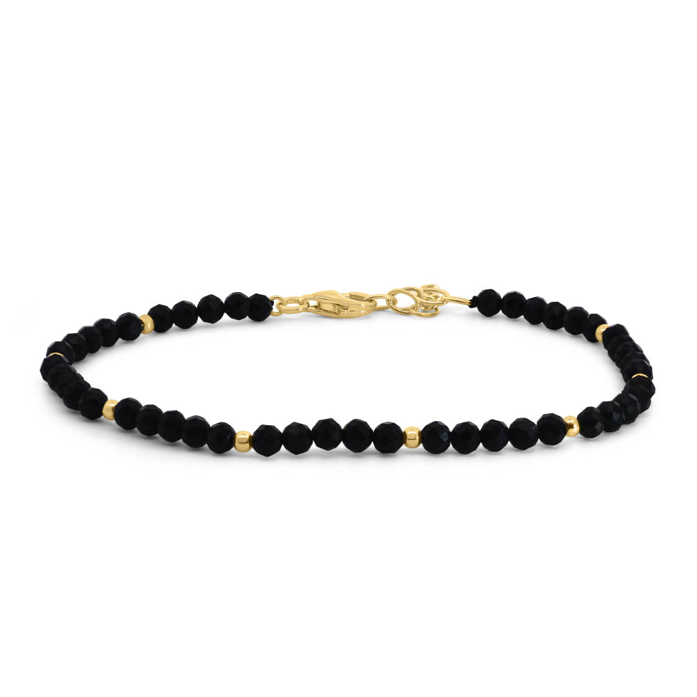 7.5″ 3MM Black Agate Beaded Bracelet Gold Plated Sterling Silver