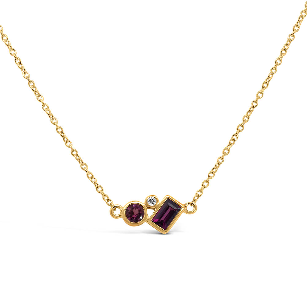 16″-18″ Necklace with White Topaz, Pink Tourmaline and Rhodolite in 10kt Yellow Gold