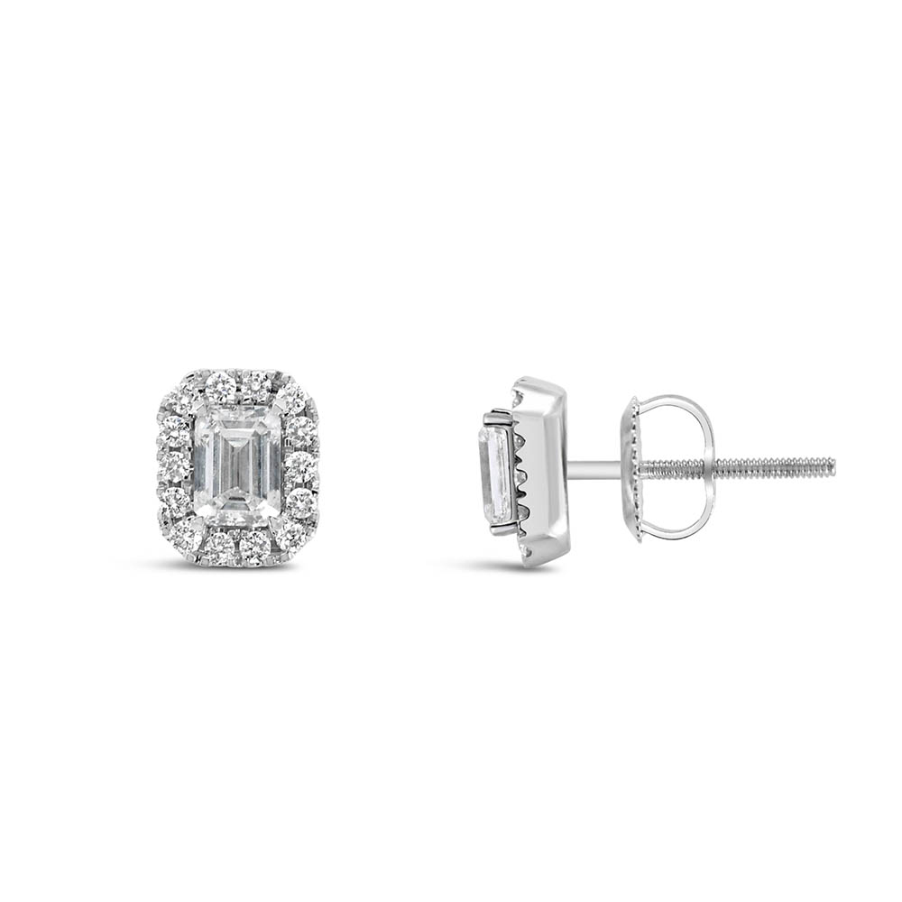 Emerald Halo Stud Earrings with 1.00 Carat TW of Lab Created Diamonds in 14kt White Gold