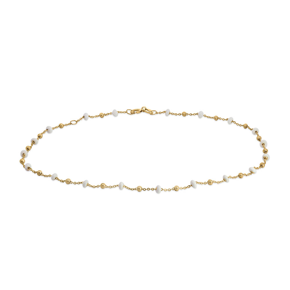 9″+1″ White Enamel Beaded Anklet in 10kt Yellow Gold