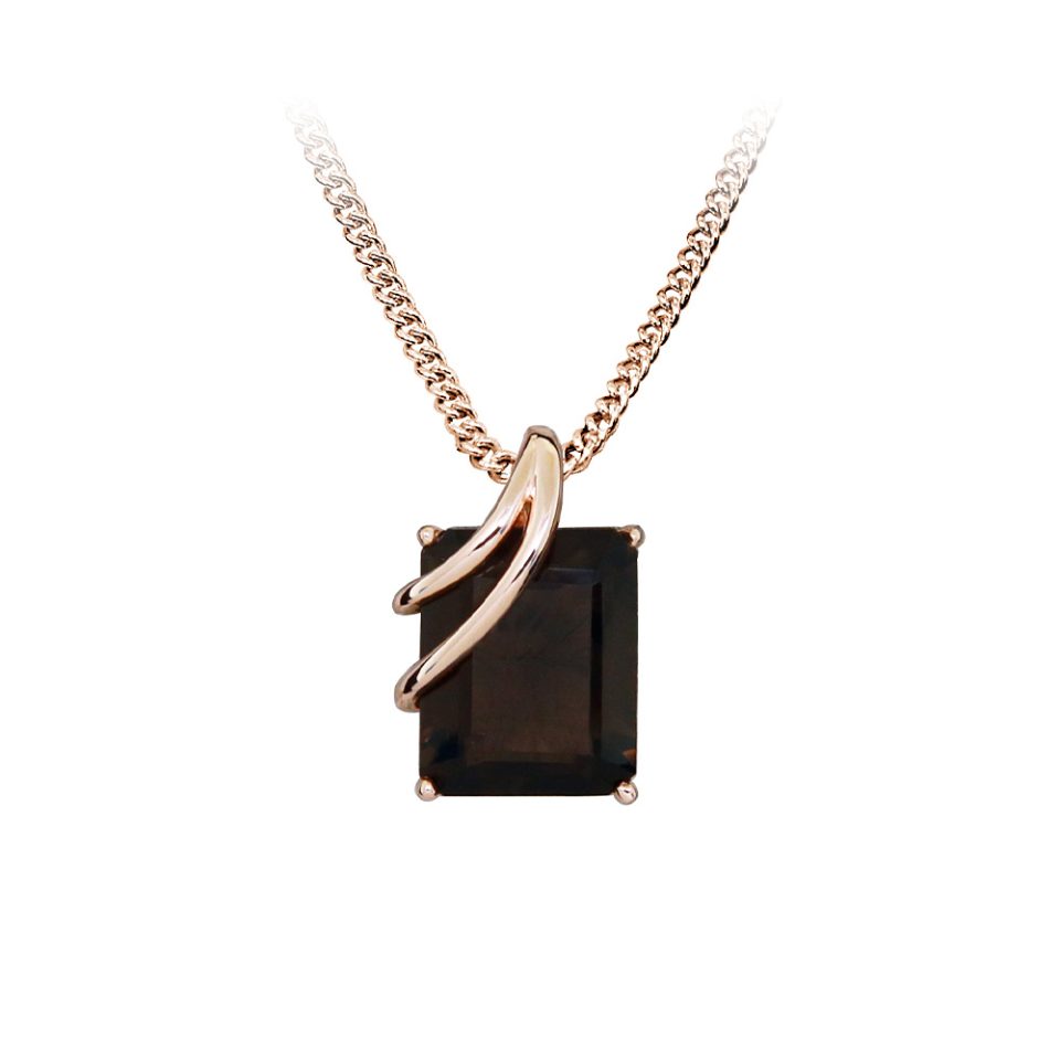 Pendant with Emerald Cut Smoky Quartz in Rose Tone Sterling Silver with Chain
