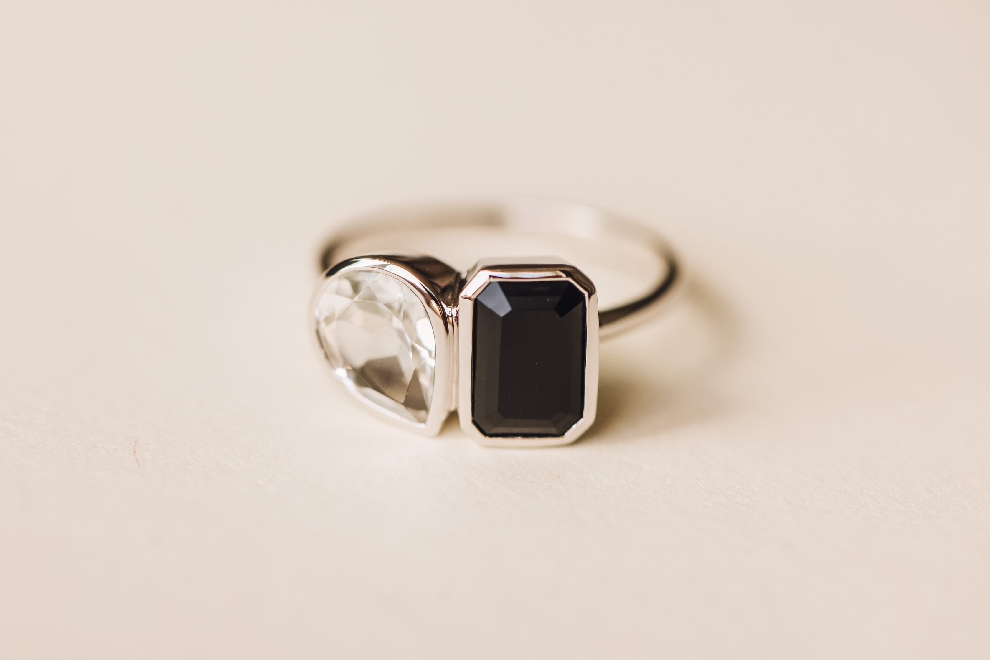 Toi et Moi Ring with Onyx and White Topaz 14kt Gold