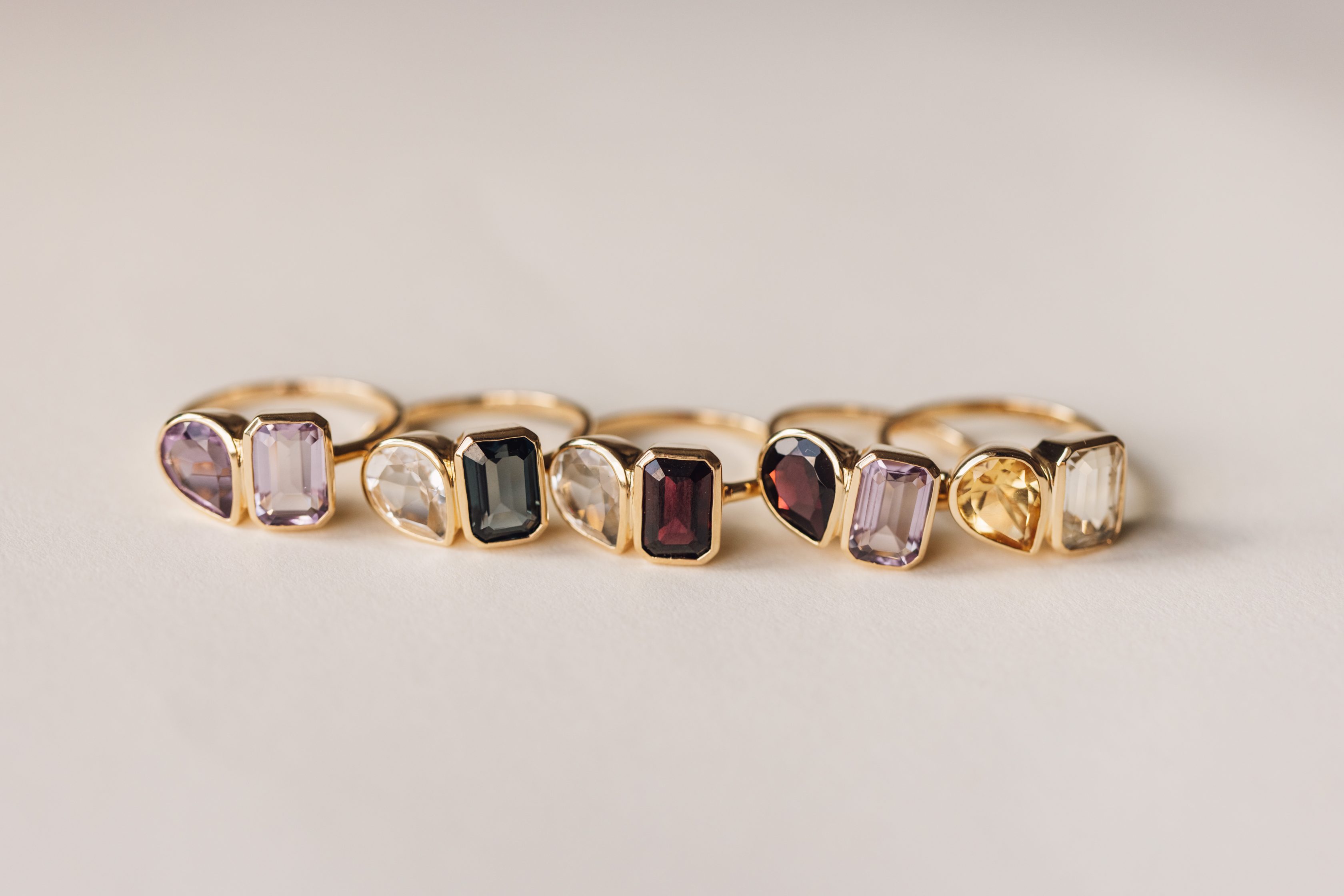 Toi et Moi Ring with Garnet and Pink Amethyst 14kt Yellow Gold