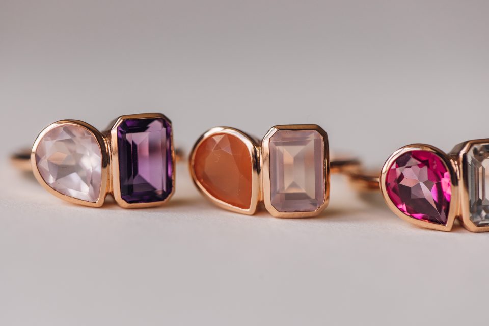 Toi et Moi Ring with Peach Moonstone and Rose Quartz in 14kt Rose Gold