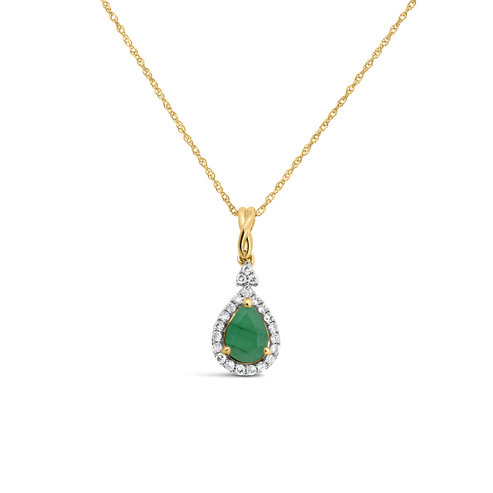 Halo Pendant with .13 Carat TW of Diamonds and 7x5MM Pear Shape Emerald 10kt Yellow Gold Chain