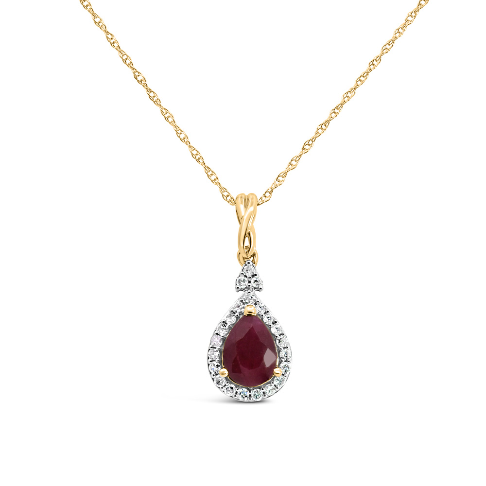 Halo Pendant with .13 Carat TW of Diamonds and 7x5MM Pear Shape Ruby 10kt Yellow Gold Chain