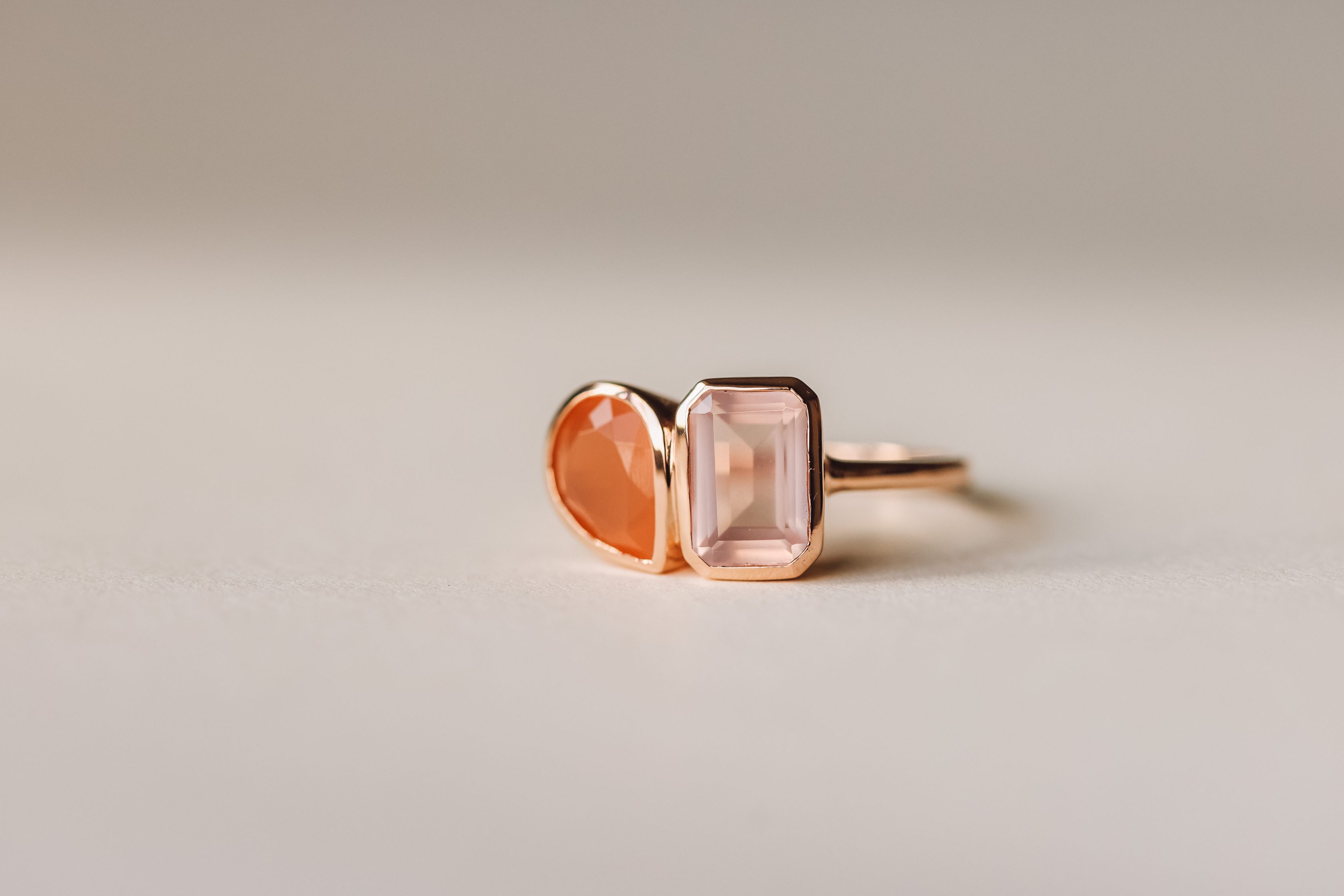 Toi et Moi Ring with Peach Moonstone and Rose Quartz 14kt Gold