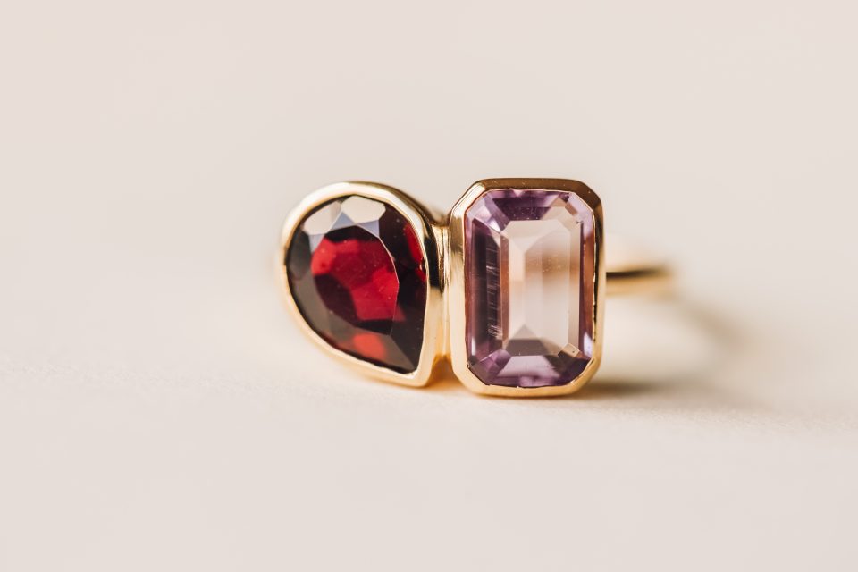 Toi et Moi Ring with Garnet and Pink Amethyst in 14kt Yellow Gold