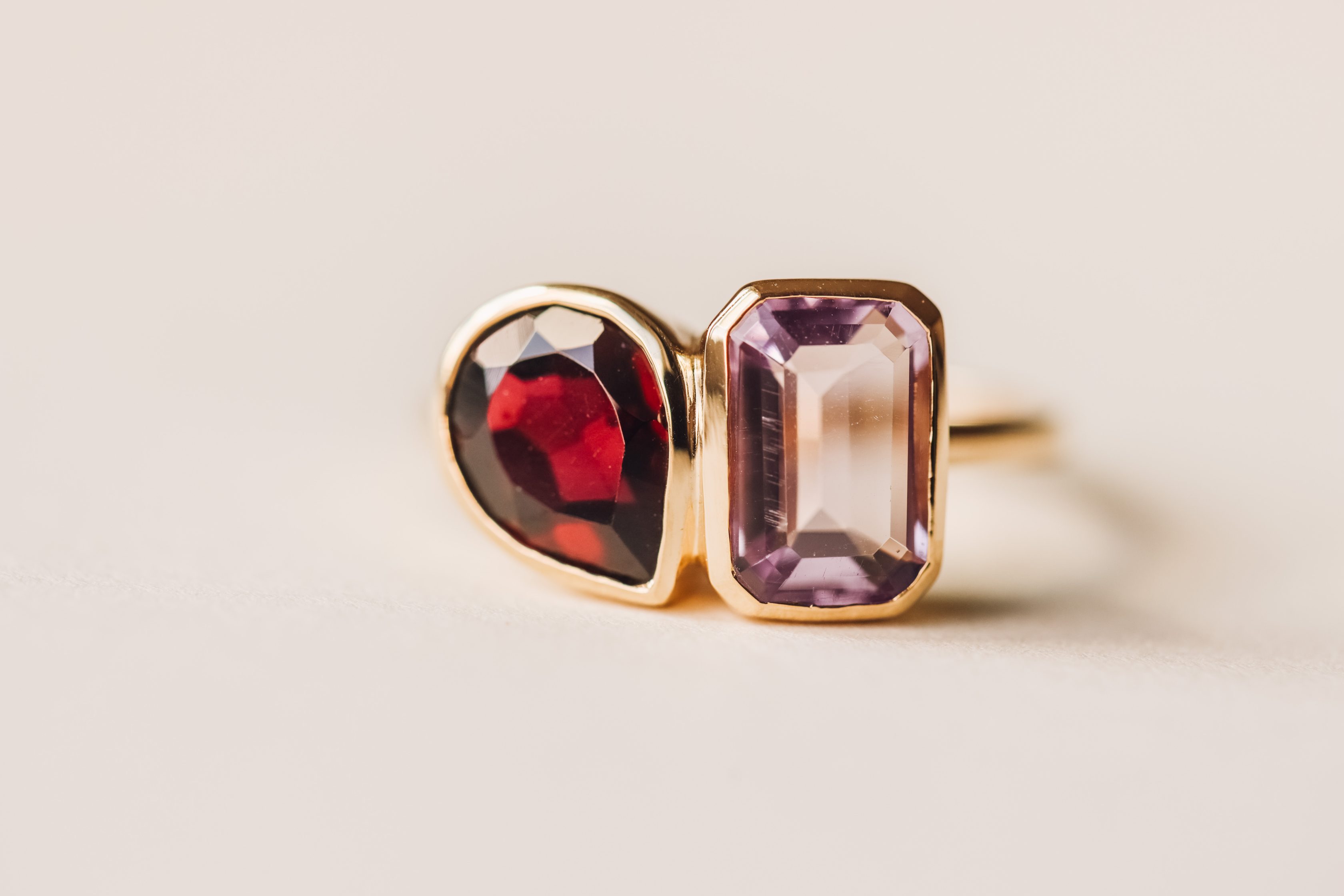 Toi et Moi Ring with Garnet and Pink Amethyst 14kt Yellow Gold