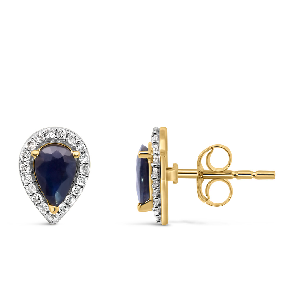 Halo Earrings with .17 Carat TW of Diamonds and 6x4MM Pear Shape Blue Sapphire 10kt Yellow Gold