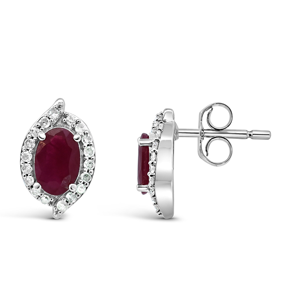 Halo Earrings with .17 Carat TW of Diamonds and 6x4MM Oval Ruby 10kt White Gold