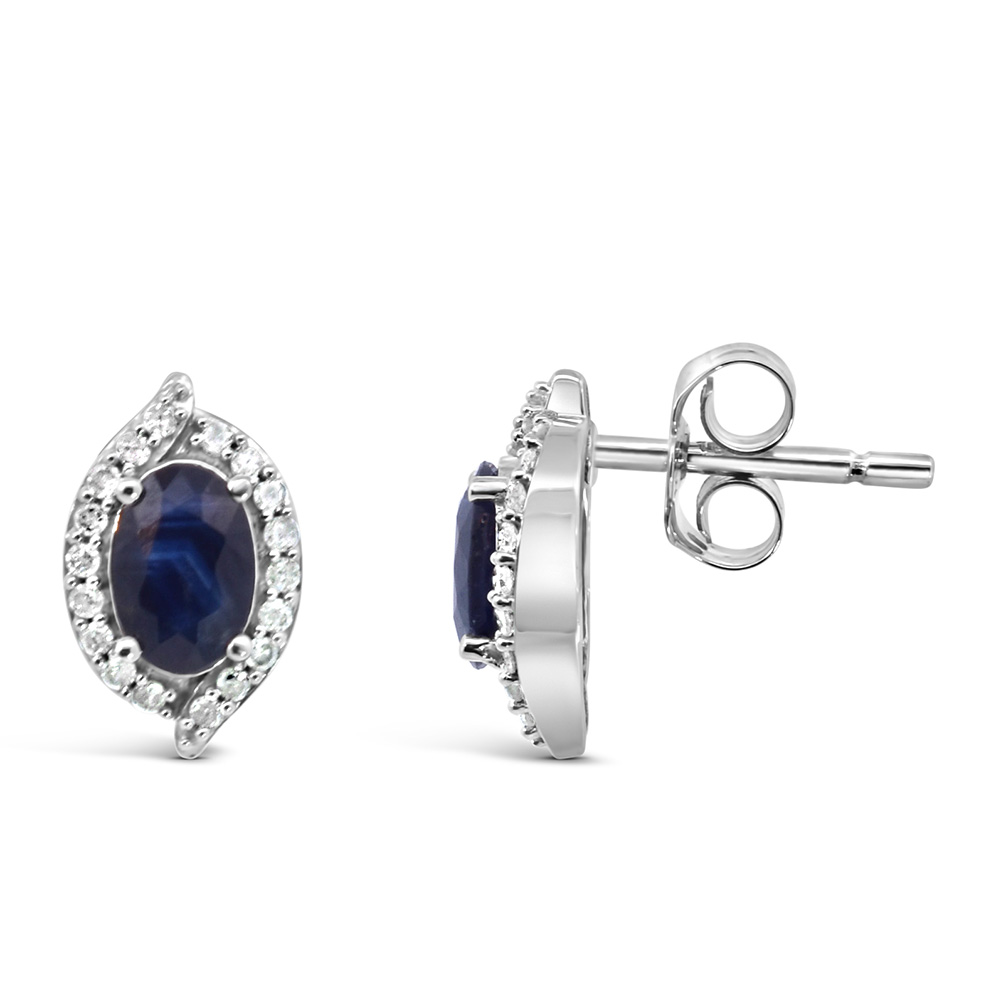 Halo Earrings with .17 Carat TW of Diamonds and 6x4MM Oval Blue Sapphire 10kt White Gold