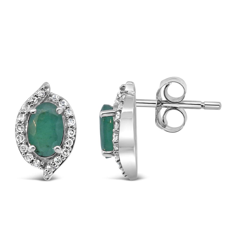 Halo Earrings with .17 Carat TW of Diamonds and 6x4MM Oval Emerald in 10kt White Gold