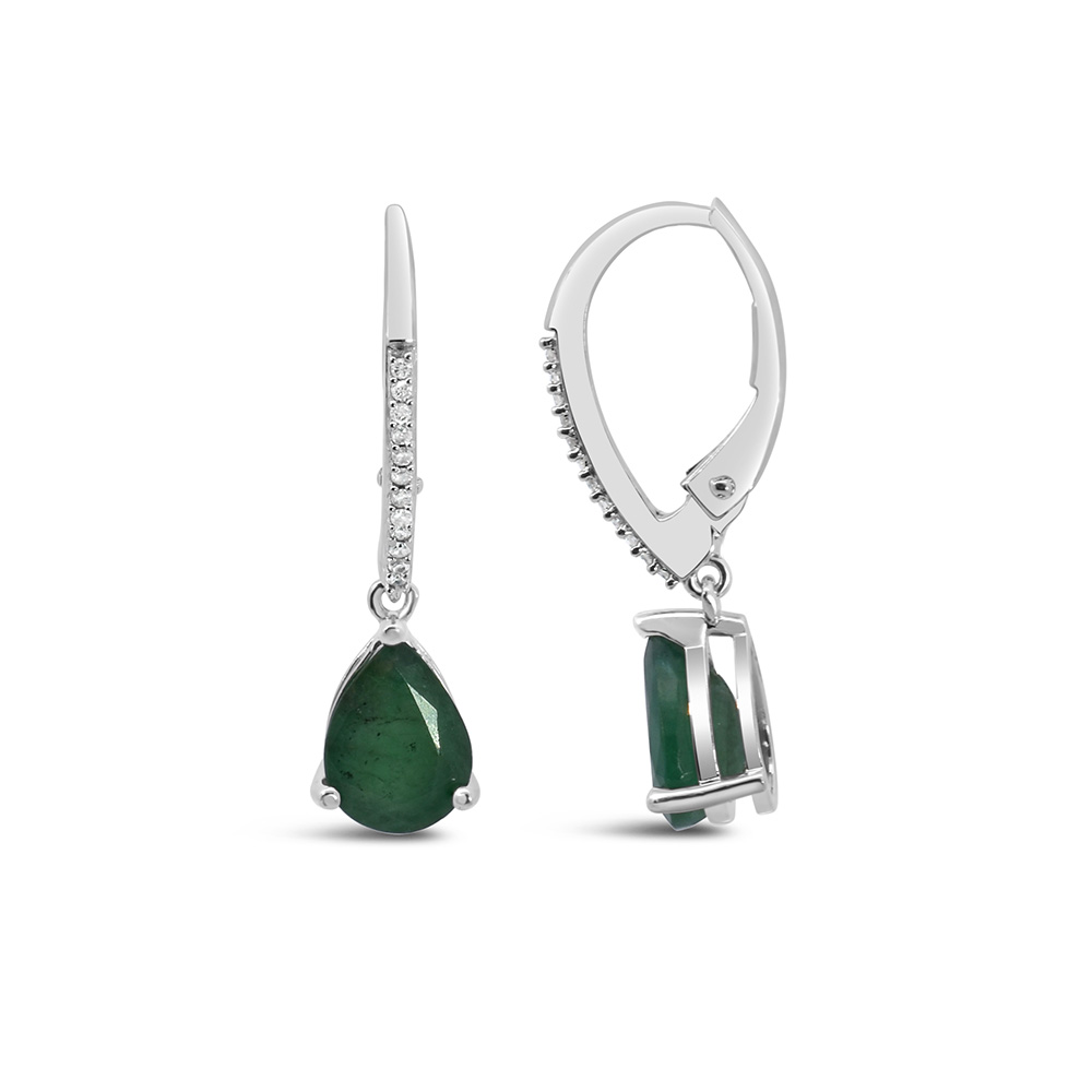 Dangle Earrings with .10 Carat TW of Diamonds and Pear Shape Emerald 10kt White Gold