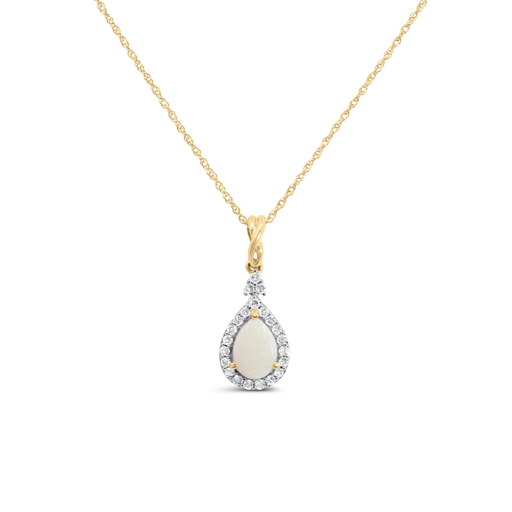 Halo Pendant with .13 Carat TW of Diamonds and 7x5MM Pear Shape Opal 10kt Yellow Gold Chain