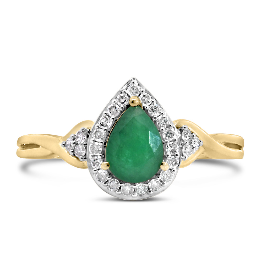 Halo Ring with .17 Carat TW of Diamonds and 7x5MM Pear Shape Emerald 10kt Yellow Gold