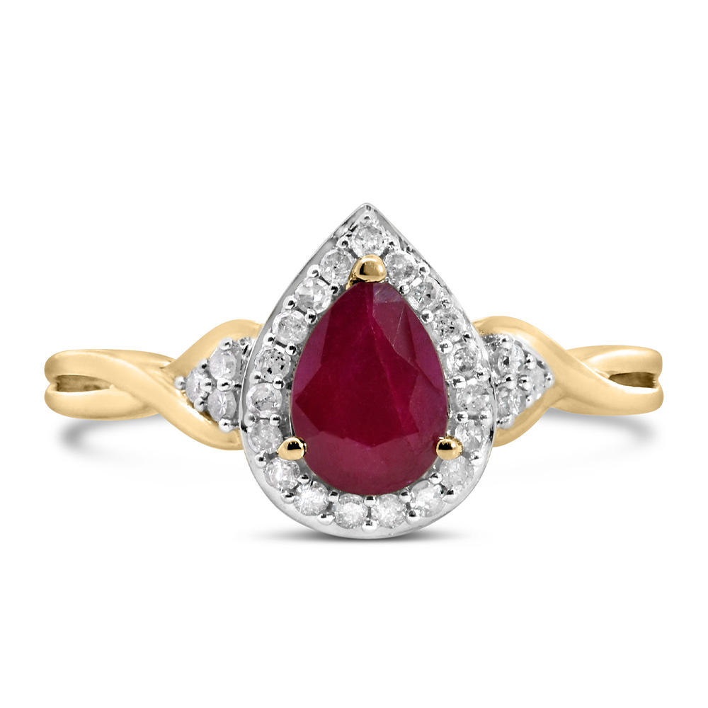 Halo Ring with .17 Carat TW of Diamonds and 7x5MM Pear Shape Ruby 10kt Yellow Gold