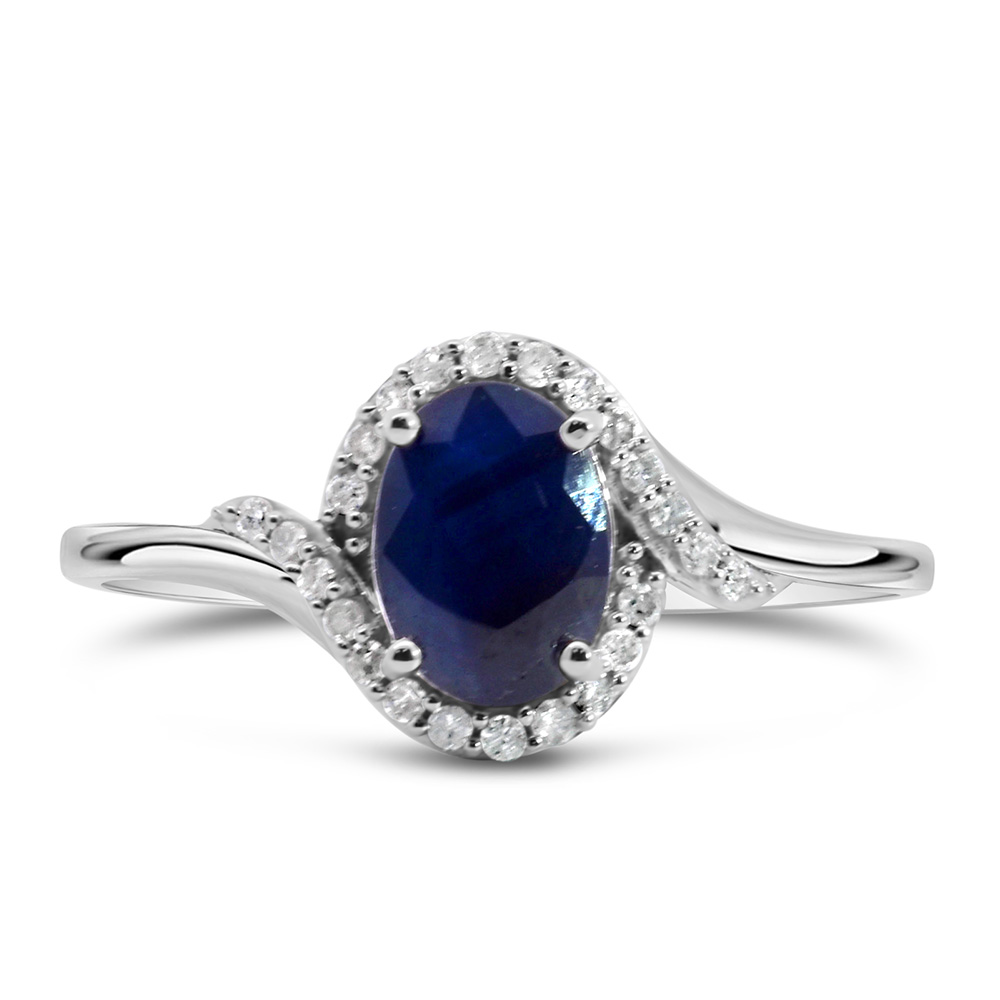 Halo Ring with .10 Carat TW of Diamonds and 7x5MM Oval Blue Sapphire 10kt White Gold