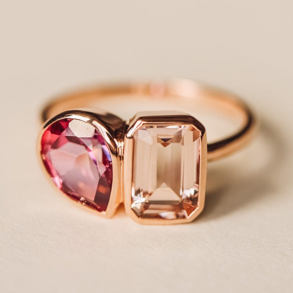 Toi et Moi Ring with Morganite and Pink Topaz in 14kt Rose Gold