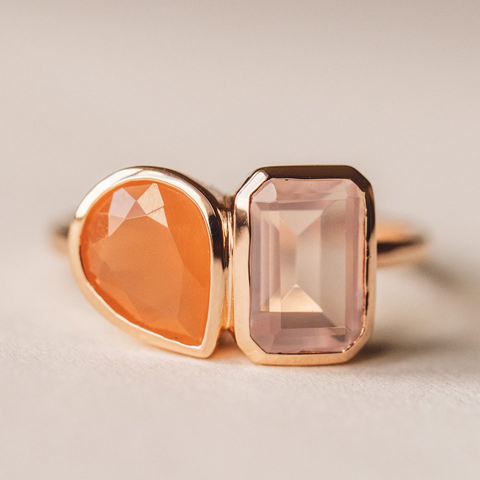 Toi et Moi Ring with Peach Moonstone and Rose Quartz in 14kt Rose Gold