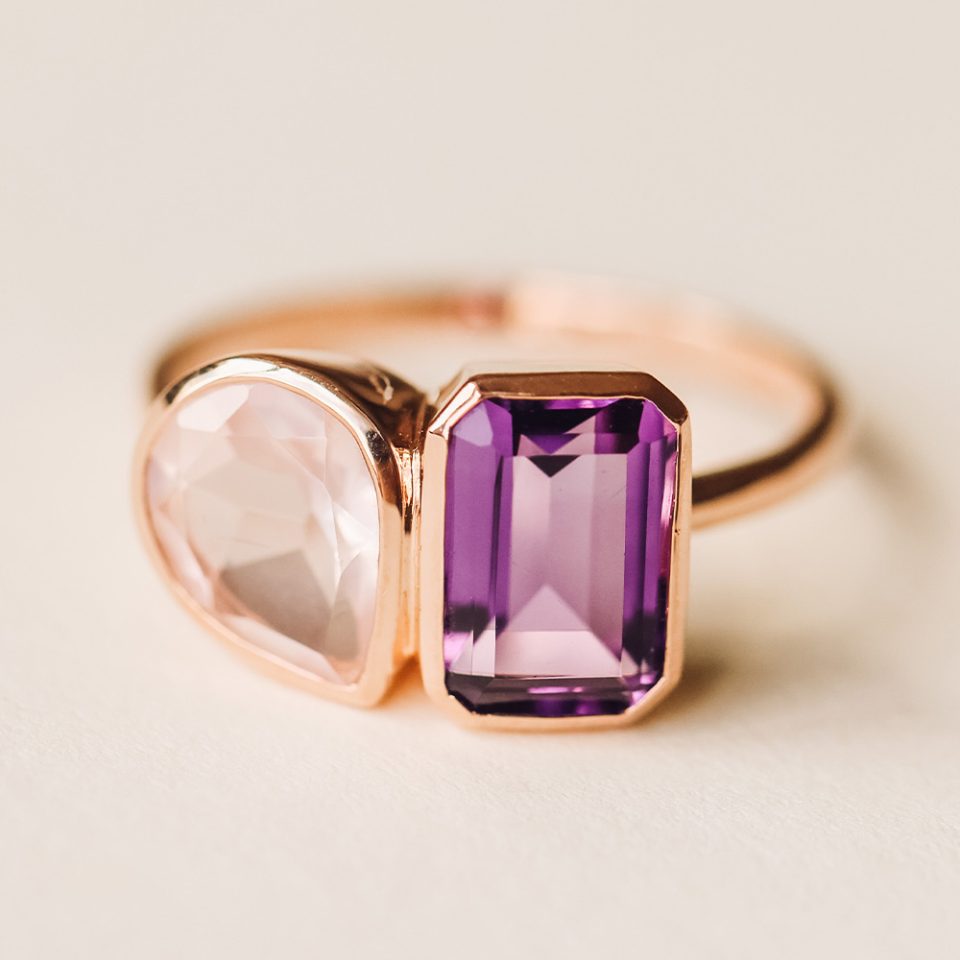 Toi et Moi Ring with Amethyst and Rose Quartz in 14kt Rose Gold