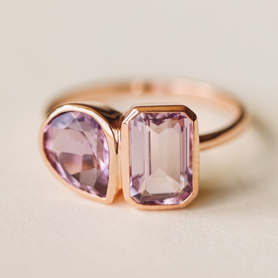 Toi et Moi Ring with Pink and Purple Amethyst in 14kt Rose Gold