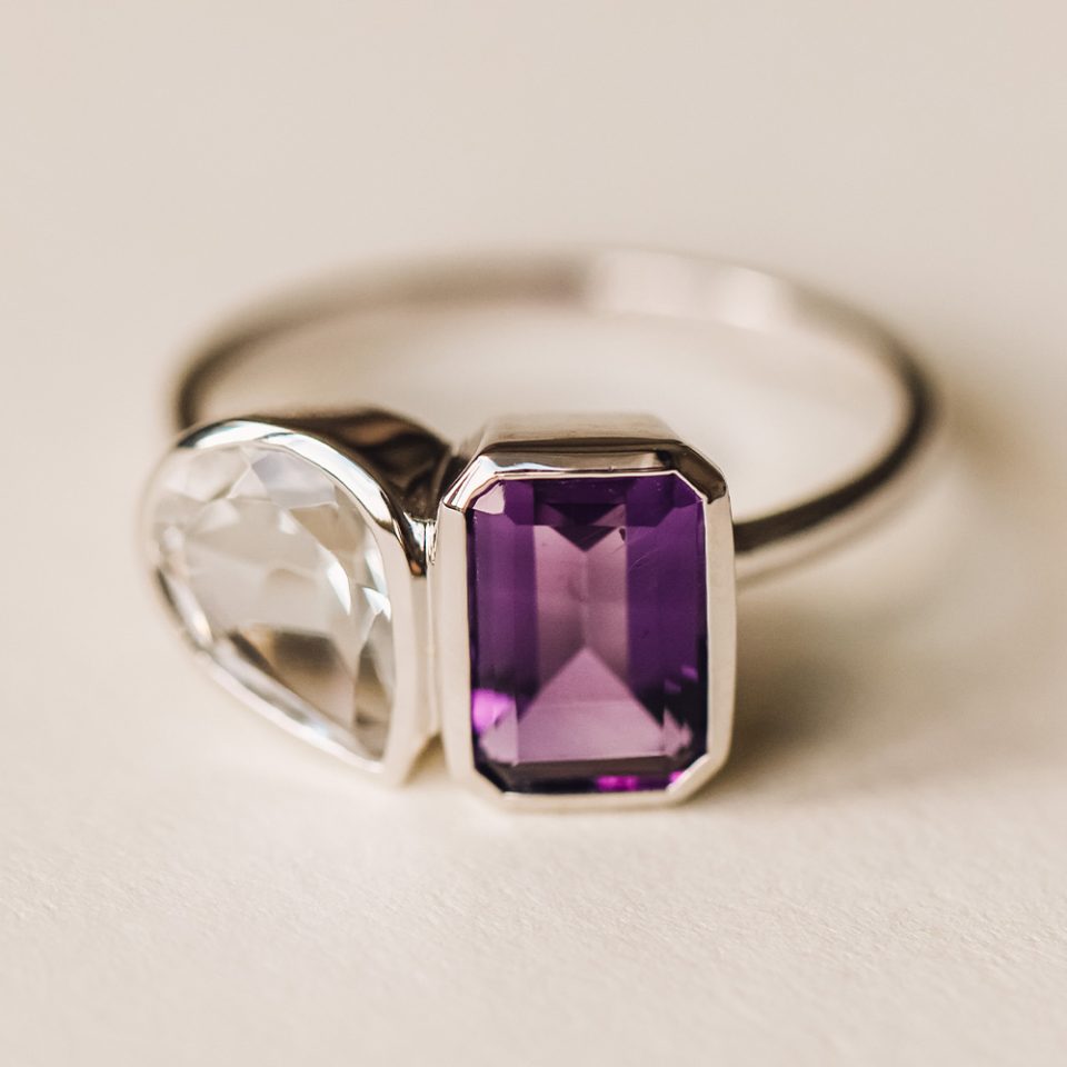 Toi et Moi Ring with Amethyst and White Topaz in 14kt White Gold