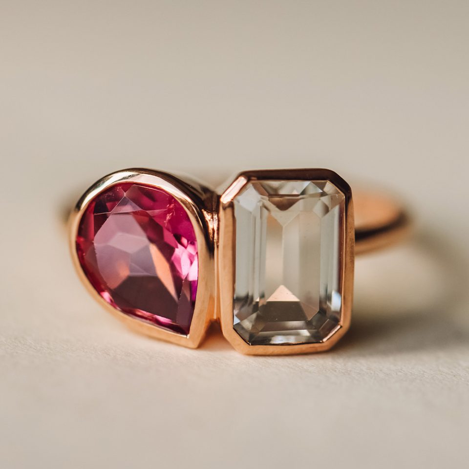 Toi et Moi Ring with Pink and White Topaz in 14kt Rose Gold
