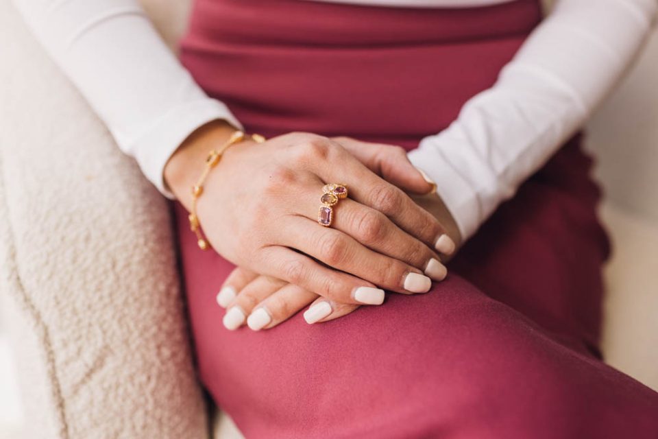 1960s Barbie Retro Gem Ring with Rhodolite Garnet, Quartz, Citrine, Garnet and Pink Topaz in Gold Vermeil Plated Sterling Silver