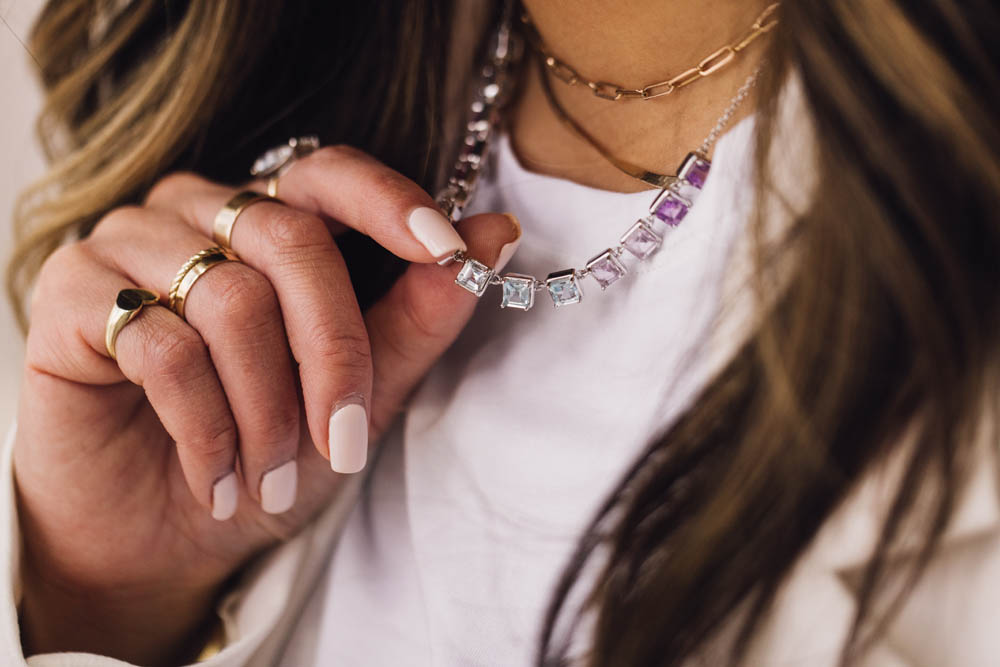 15″+2″ 1980s Barbie Crystal Dream Necklace with Amethyst, Blue Topaz and Gemstones Sterling Silver