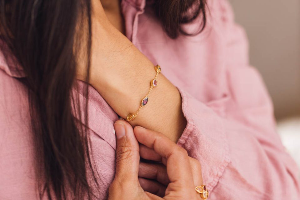 6"+1.5" 1960s Barbie Retro Gem Bracelet with Rhodolite Garnet, Quartz, Citrine, Garnet, Amethyst and Pink Topaz in Gold Vermeil Plated Sterling Silver