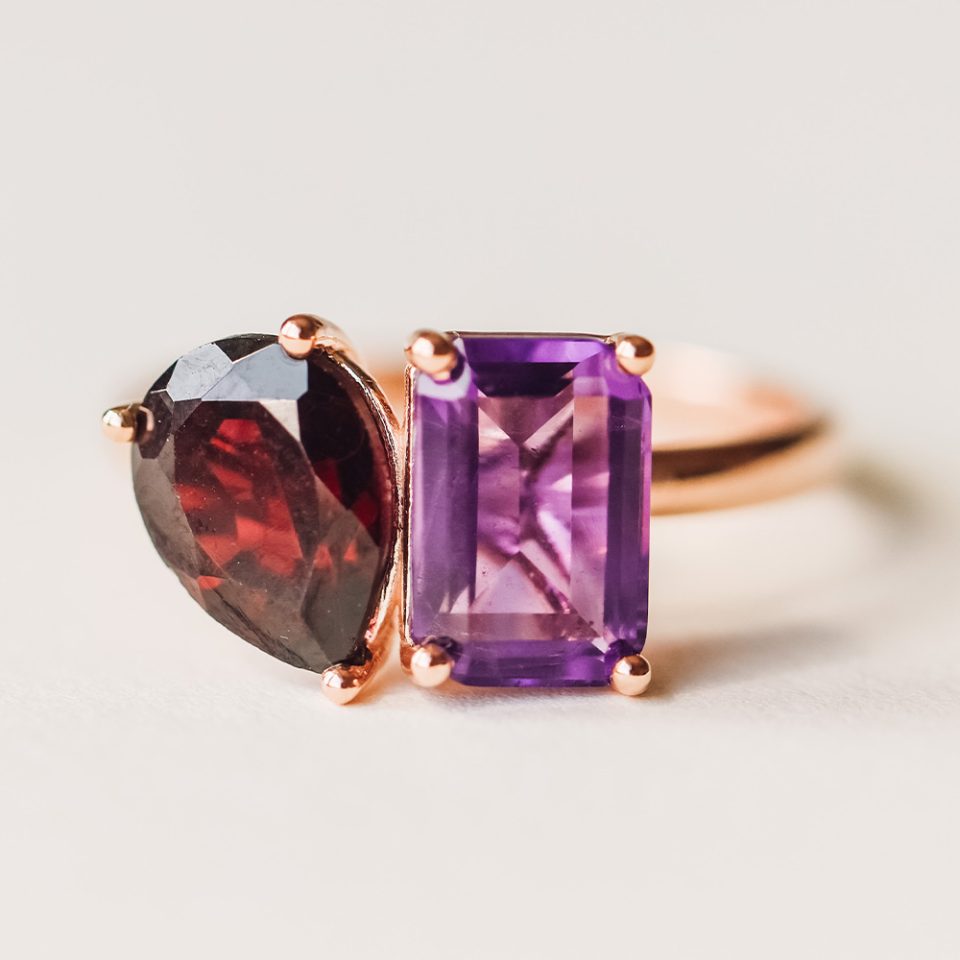 Toi et Moi Ring with Amethyst and Garnet in 14kt Rose Gold