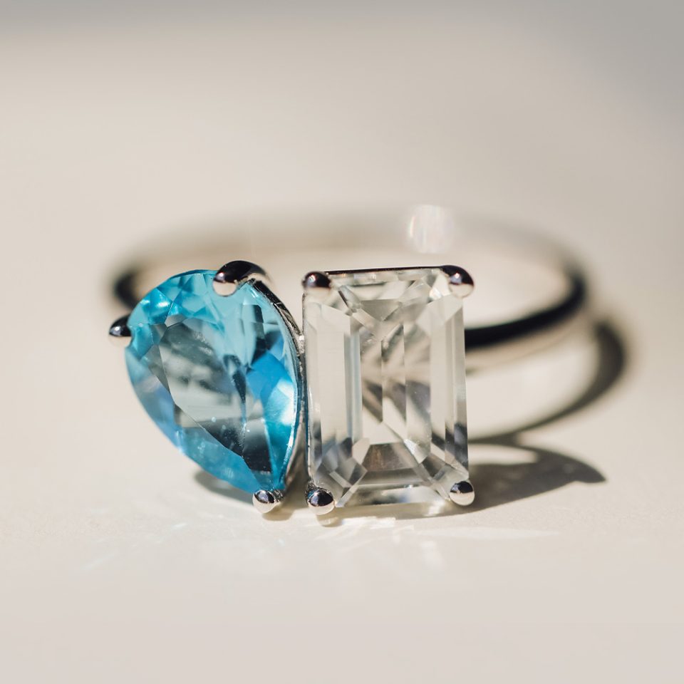 Toi et Moi Ring with White Topaz and Swiss Blue Topaz in 14kt White Gold