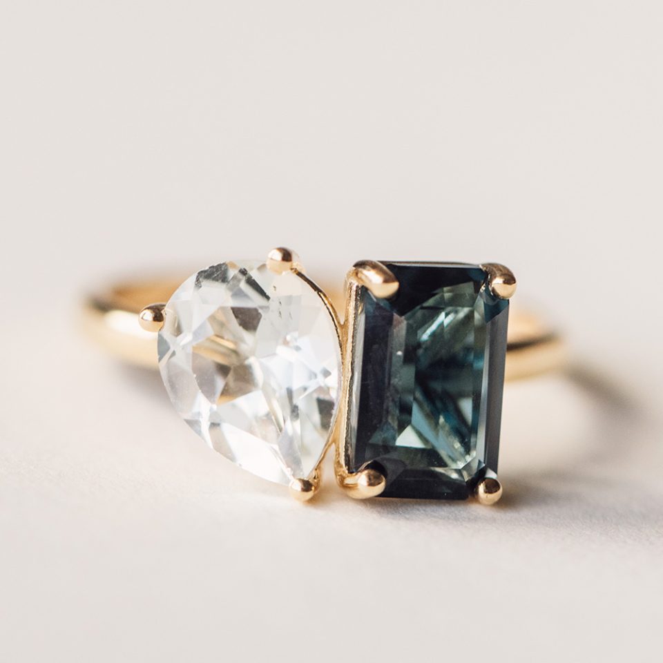 Toi et Moi Ring with London Blue Topaz and White Topaz in 14kt Yellow Gold
