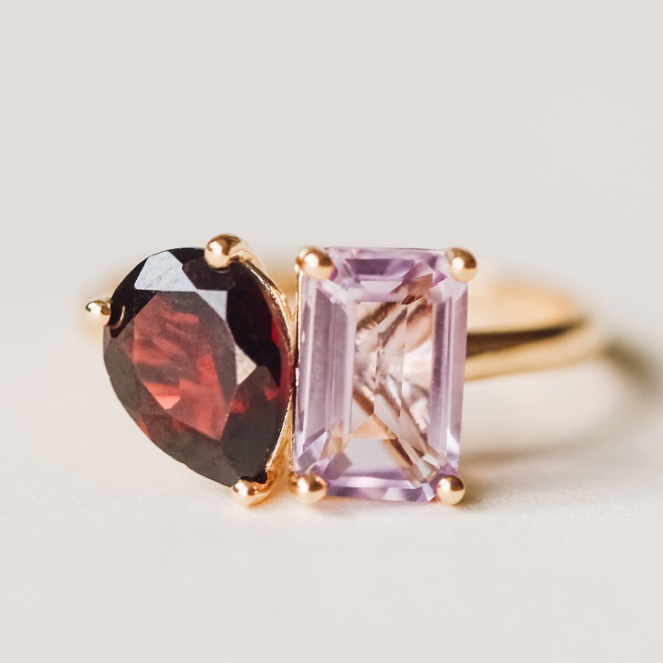 Toi et Moi Ring with Pink Amethyst and Garnet in 14kt Yellow Gold