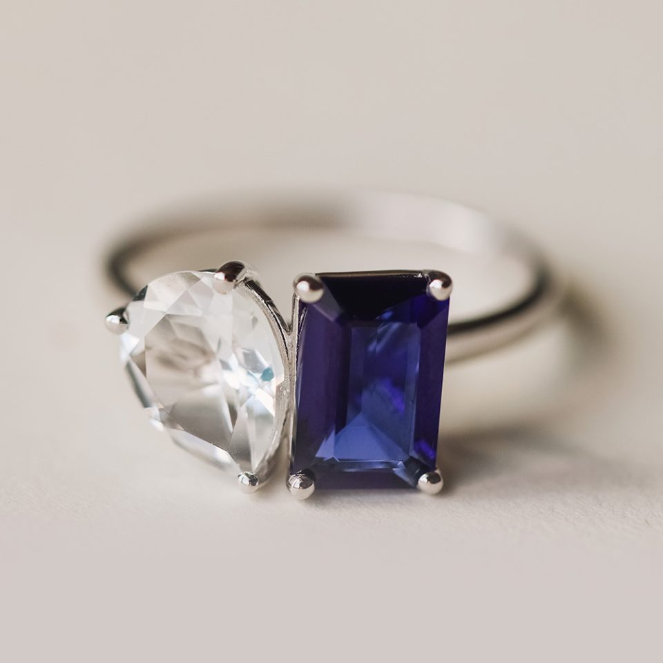 Toi et Moi Ring with Created Blue Sapphire and White Topaz in 14kt White Gold